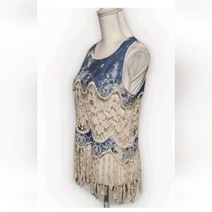 E2  Crochet Boho Hippie Sleeveless Tie Dye Fringe Top Festival Coachella Beach M